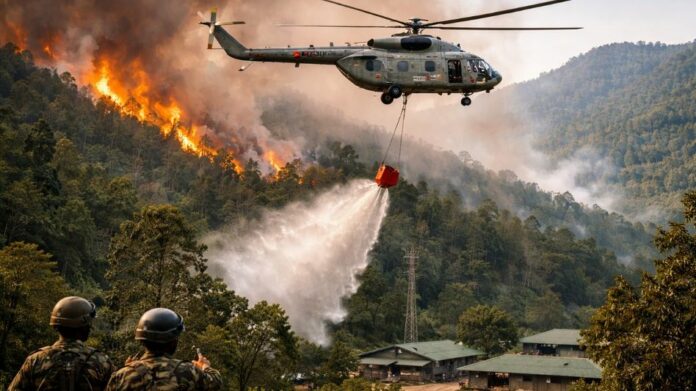 IAF helicopter deployed to combat forest fire near Sigar military station in Arunachal