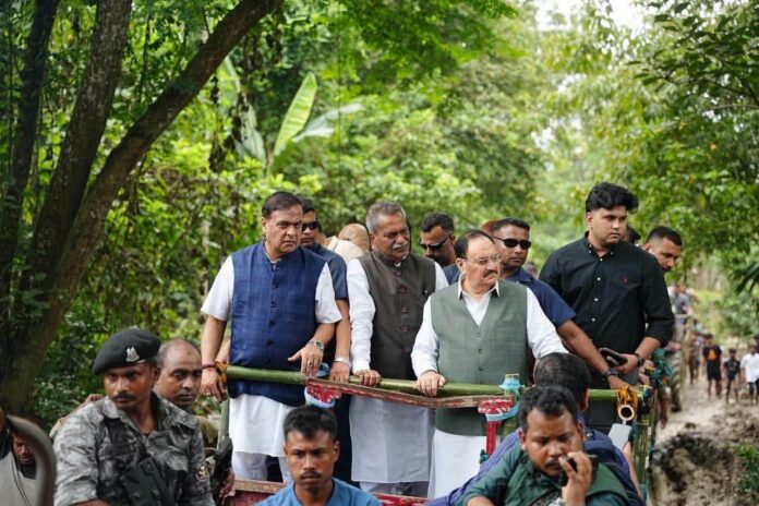 Union Minister J.P. Nadda today visited the flood-affected Nepalikhuti area of Sivasagar district to assess the ground situation and interact with families impacted by the recent devastating floods. Accompanied by Assam Chief Minister Dr. Himanta Biswa Sarma, he reviewed the extent of damage to homes, agricultural land, livestock, and public infrastructure.